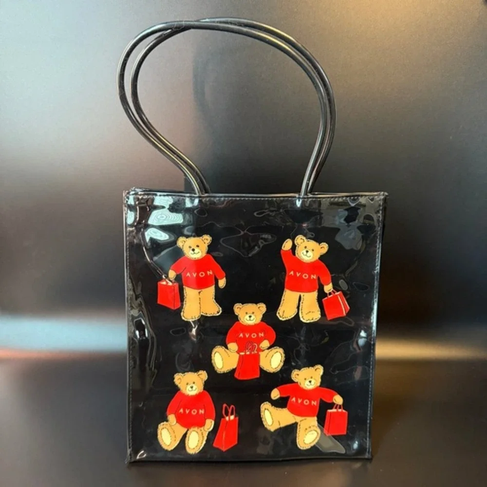 Avon Teddy Bear Graphic Black PVC Vinyl Tote Bag‎ Small Handbag